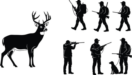 Black vector silhouette set of hunters with rifles a hunting dog and a large buck deer for outdoor wilderness sport and equipment branding