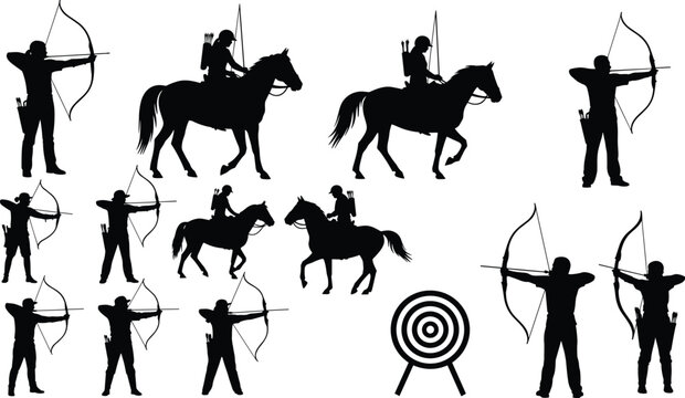 Archery silhouettes collection, archer shooting bow and horseback archery poses set, target practice vector illustration, traditional sport and hunting activity concept