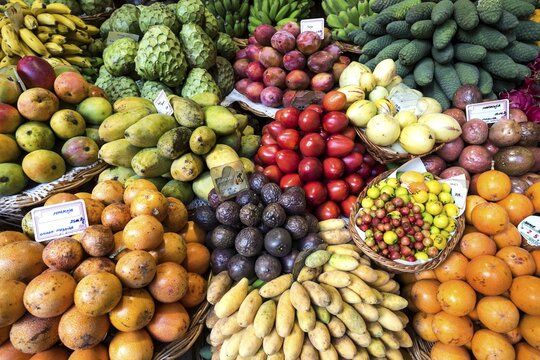 Exotic fruit stall, market, indoor market, Mercado dos Lavradores, Funchal, Madeira, Portugal