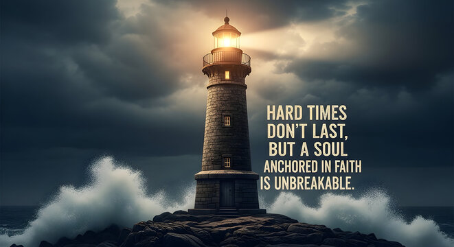 Inspirational lighthouse on rocky coast with motivational quote in dramatic cloudy lighting for mental health and faith