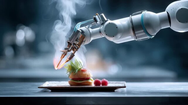 Robotic arm uses twin flame torch to sear gourmet slider with herbs on plate in modern kitchen