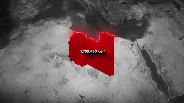 Libya Map Animation with Glowing Border and Total Area Data Display on Satellite Background