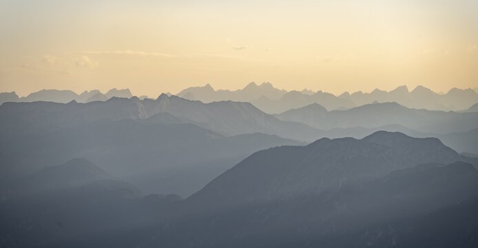 Evening mood, silhouettes, dramatic mountain landscape, Tyrol, Austria