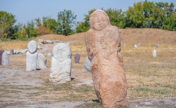 Balbals, historical gravestones in the shape of human faces, near Tokmok, Chuy, Kyrgyzstan