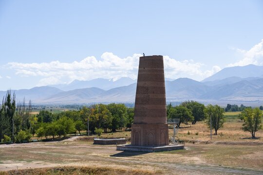 Burana Tower, remains of Karakhanid Minaret, histroic ancient city of Balasagun on the Silk Road, Balbals, historic tombstones in the shape of human faces, near Tokmok, Chuy, Kyrgyzstan