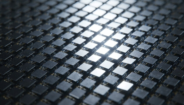 Digital Micromirror Device DMD chip surface with tilting aluminum mirrors array