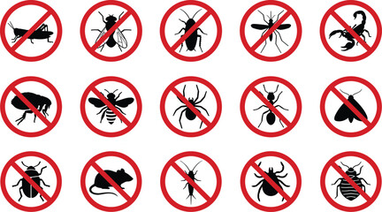 No pests sign set with insect silhouettes, prohibition symbols for cockroach mosquito spider rodent pest control warning © MdNurAlam