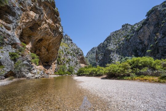 Ravine with river Torrent de Pareis, Sa Calobra, Majorca, Balearic Islands, Spain
