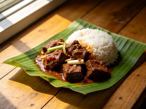 Traditional Indonesian beef rendang served with steamed rice on banana leaf, rustic wooden table, authentic documentary food photography, close-up composition, natural window lighting