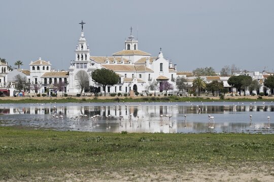 Sanctuary Ermita de el Rocio with lagoon, El Rocio, Andalusia, Spain