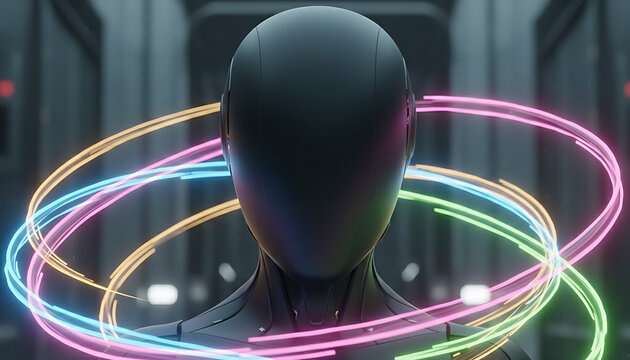 Industrial Humanoid Robot Face with Flowing Colors, Futuristic Tech Background, 3D Render
