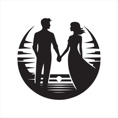 sunset couple vector silhouette line art logo concept illustration