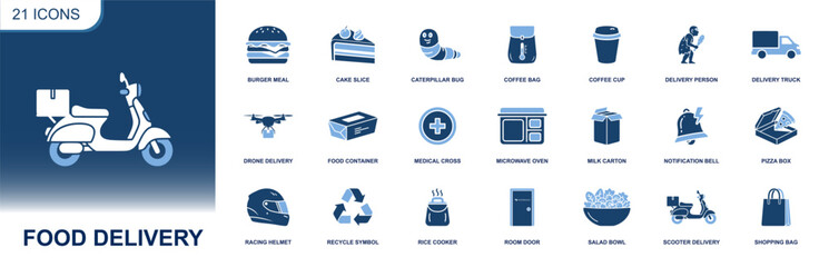 Food delivery icon set. Containing scooter, drone, pizza box, burger, coffee cup, food container, milk carton, salad bowl, notification and more. Solid fill vector icons collection.