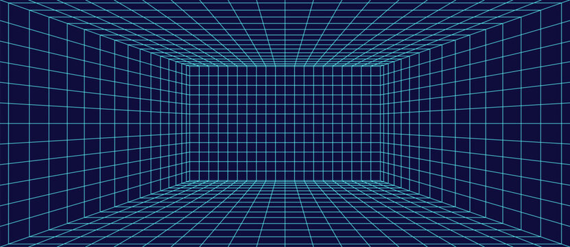 Abstract 3D wireframe cube with blue grid lines on dark background, combining scientific visualization and modern digital art for technology, design, and education concepts.