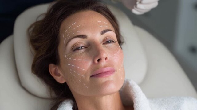 Dermatologist Marking Facial Points with White Pencil on Woman in Aesthetic Clinic
