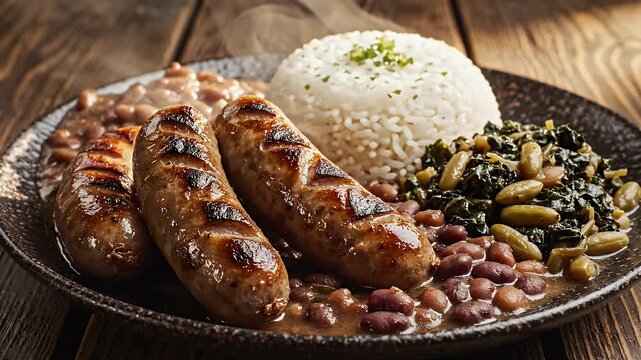 Hearty Brazilian Feast - Grilled Sausages, Fluffy Rice, Beans, and Saut?ed Greens Platter.
