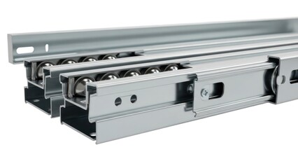 Obraz premium Close-up of heavy-duty ball bearing drawer slides on a white background.