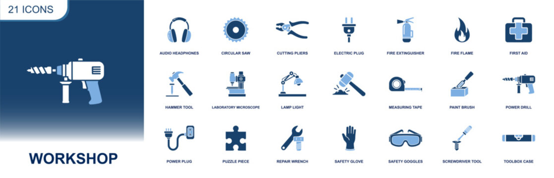 Workshop icon set. Containing power drill, circular saw, pliers, screwdriver, hammer, measuring tape, toolbox, safety goggles, gloves and more. Solid fill vector icons collection.