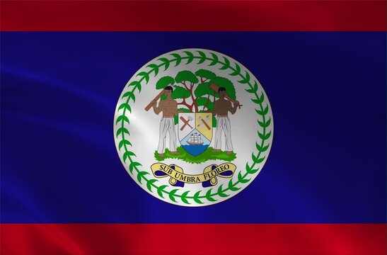 The national flag of Belize, featuring a Coat of Arms on a blue field with red horizontal borders, waving smoothly in a seamless loop