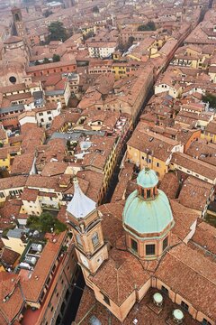 View from the Asinelli Tower of the towers of the churches of Santi Bartolomeo and Gaetano, Old Town, Bologna, Emilia-Romagna, Italy