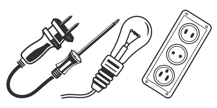 A collection of electrical outlets, plugs, and a light bulb. Vector