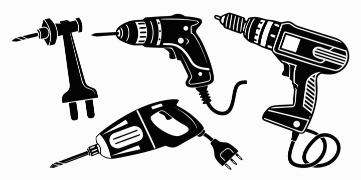 A variety of power tools including drills and screwdrivers in black and white Vector