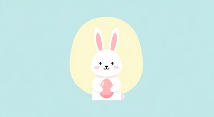 Fototapeta premium Easter day celebration with happy white bunny holding pink egg on light blue background