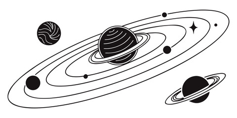 A detailed illustration of the solar system with planets in orbit. Vector © Sa