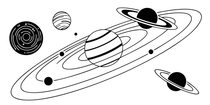 A detailed black and white illustration of a solar system with planets and asteroids Vector