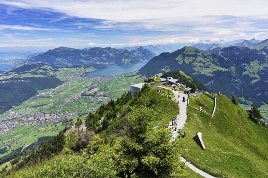 View of the mountain station of the Stanserhorn, Lake Lucerne in the background and the village of Stans, Canton Nidwalden, Switzerland