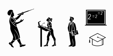 A teacher instructs students in front of a blackboard with a mathematical equation. Vector © Sa