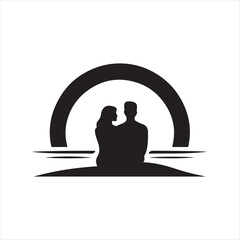 sunset couple vector silhouette line art logo concept illustration