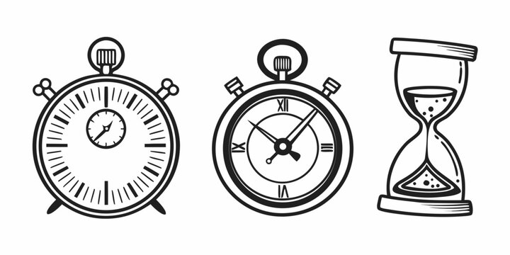 A collection of vintage timepieces including clocks and an hourglass Vector