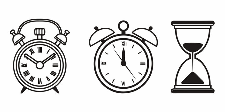 A variety of timekeeping devices including an alarm clock, an alarm watch, and an hourglass. Vector