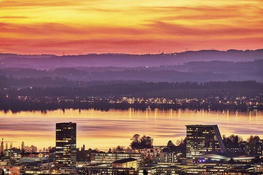Evening mood with skyline and Lake Zug in the foreground the skyscrapers Parktower and Uptown, Zug, Canton Zug, Switzerland