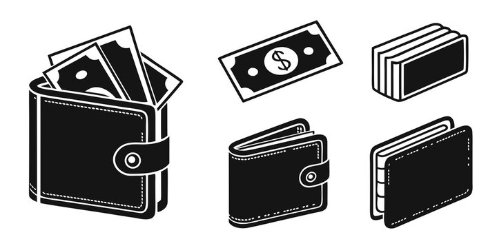 A variety of wallets and money items displayed on a surface. Vector