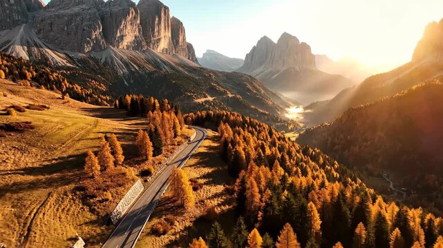 Breathtaking Autumn Journey. Aerial view of a winding mountain road surrounded by golden larch trees and dramatic peaks at sunset.