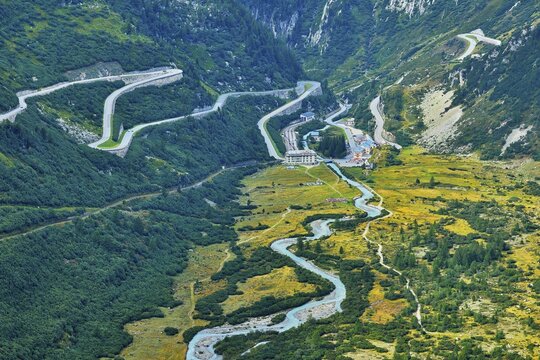 View from the Rhone glacier of the glacial stream and the pass roads, Furka on the left and Grimsel on the right, Gletsch, Canton Valais, Switzerland