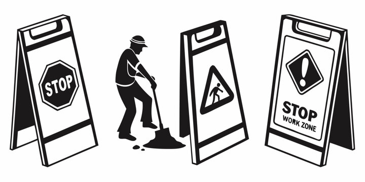 A man walking past three road signs indicating a pedestrian zone, a warning, and a stop sign. Vector