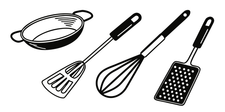 Assorted kitchen utensils including a whisk, spatula, and grater Vector