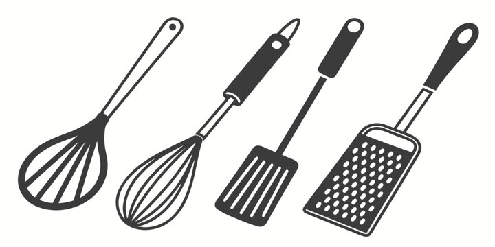 Assorted kitchen utensils including whisks, spatulas, and griddles Vector