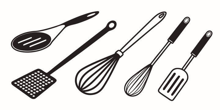A collection of various kitchen utensils including whisks, spatulas, and grills. Vector