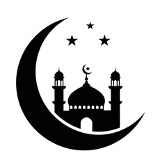 Iconic Crescent Moon with Mosque and Stars, Symbolizing Islamic Faith and Culture