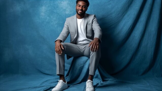 Stylish Young Man in Gray Suit Poses Confidently Against Blue Backdrop