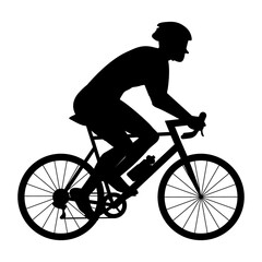 Obraz premium Cyclist with helmet and sunglasses riding a bicycle. Black silhouette flat design. Hand drawn illustration.
