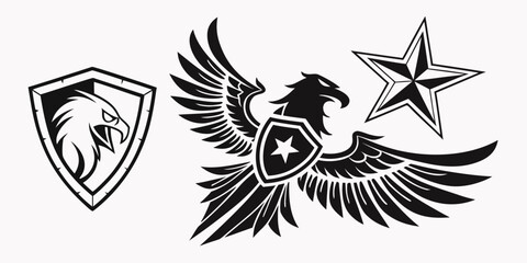 Obraz premium A majestic eagle with a shield and star emblem on its chest. Vector