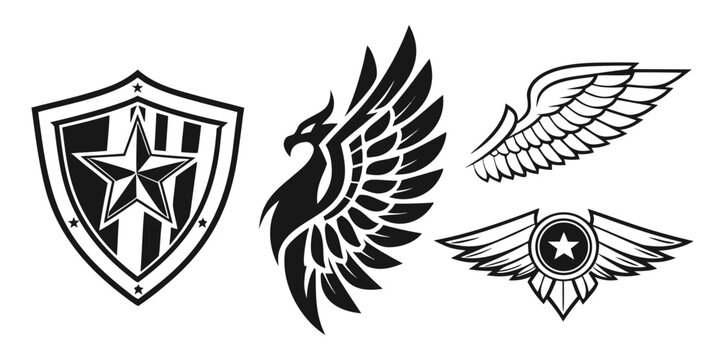 Three distinct logos featuring a shield, a winged emblem, and a star. Vector