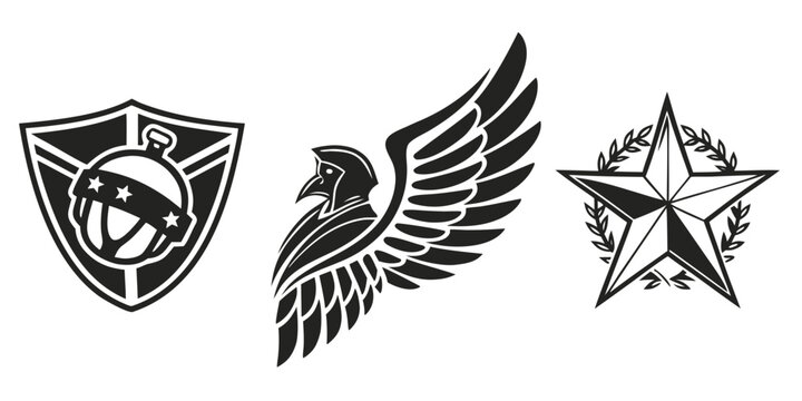 A collection of three distinct logos featuring a shield, an eagle, and a star. Vector