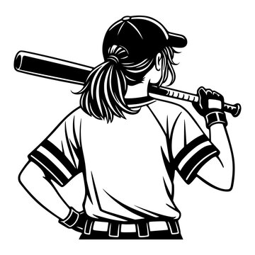 Softball Player Girl Holding Bat, Female Athlete From Back View, Sports Uniform, Ponytail Cap, Competitive Spirit, Bold Silhouette Illustration