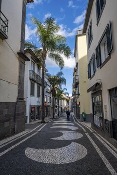 Small alley with mosaic floor in the old town, Funchal, Madeira, Portugal